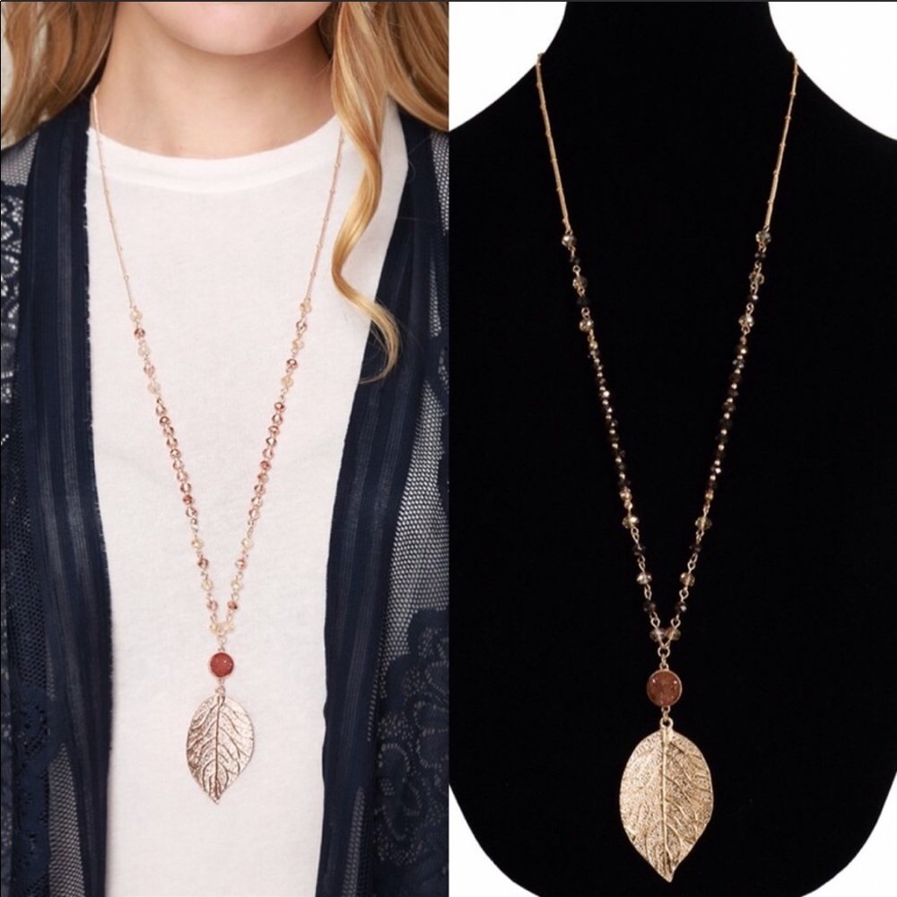 Mixed Bead and Leaf Pendant Long Necklace chain - Picture 2 of 6
